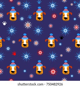 Snowflakes dog winter pattern. Abstract repeated backdrop for child, textile, clothes, wrapping paper. Cartoon wallpaper