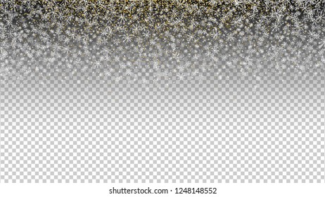 Snowflakes doodle background. Snowfall confetti backdrop. Winter holiday. New Year. Christmas. Falling snow. Sketch vector. Celebration. Golden confetti.