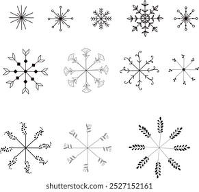 Snowflakes doodle drawing vector. Collection hand drawn snowflakes isolated on white background for greeting card, winter design.