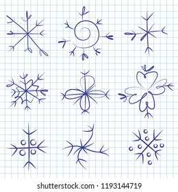 Snowflakes doodle hand drawn set. Cartoon vector sketch icons isolated on notebook page.