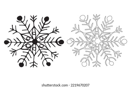 Copos de nieve en el vector estilo garabato sobre fondo blanco, dibujado a mano, contorno y relleno