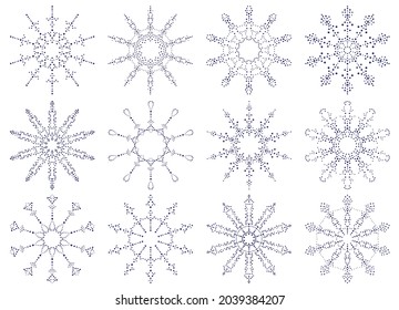 Snowflakes. Dot pattern. Set of Christmas ornaments. Design template for invitations and holiday cards.