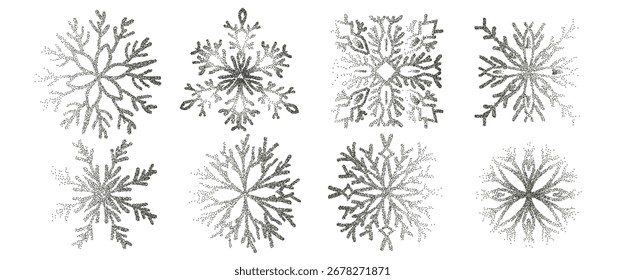 Snowflakes dots noise gradient set. Winter season grainy grunge gradation elements. Xmas airbrush spray symbols. Vector simple halftone frozen shapes illustration isolated on transparent background.