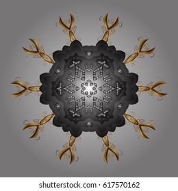 Snowflakes and dots on gray background. Vector abstract design in colors. Golden elements with doodles.