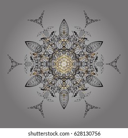 Snowflakes and dots on gray background. Vector abstract design in colors. Golden elements with doodles.
