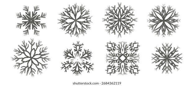 Snowflakes dotwork noise gradient set. Winter season grain grey gradation snowy elements. Christmas airbrush symbols. Vector simple halftone frozen shapes illustration on transparent background.