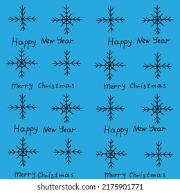 Snowflakes drawn with black marker on blue paper with inscription. Christmas background with a snowflakes. New Year concept. Wrapping paper for gifts for the new year. Christmas seamless pattern.