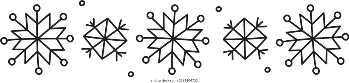 Los copos de nieve dibujados en un estilo doodle forman un divisor decorativo. Los cristales de nieve dibujados a mano crean un borde festivo. Ilustración vectorial de dibujos animados.
