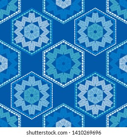 Snowflakes. Ethnic boho seamless pattern. Lace. Embroidery on fabric. Patchwork texture. Weaving. Traditional ornament. Tribal pattern. Folk motif. Can be used for wallpaper, textile, wrapping, web.