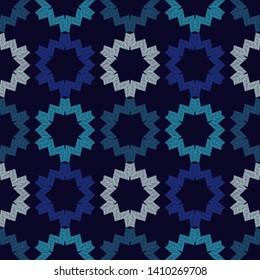 Snowflakes. Ethnic boho seamless pattern. Lace. Embroidery on fabric. Patchwork texture. Weaving. Traditional ornament. Tribal pattern. Folk motif. Can be used for wallpaper, textile, wrapping, web.