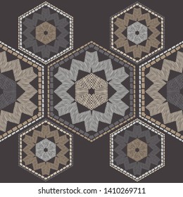 Snowflakes. Ethnic boho seamless pattern. Lace. Embroidery on fabric. Patchwork texture. Weaving. Traditional ornament. Tribal pattern. Folk motif. Can be used for wallpaper, textile, wrapping, web.