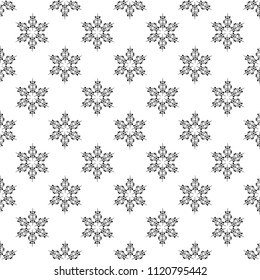 Snowflakes in ethnic style. Seamless pattern. Uniform chess compact layout. Small items. For winter, New Year, Christmas projects