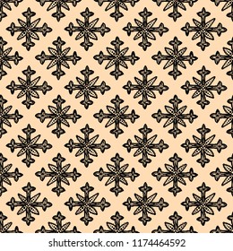 Snowflakes in ethnic style. Seamless pattern. For winter, New Year, Christmas projects. Abstract silhouette. Indian, Native American Aztec. Black elements, peach background