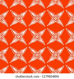 Snowflakes in ethnic style. Seamless pattern. For winter, New Year, Christmas projects. Abstract silhouette. Indian, Native American Aztec. White elements, orange background