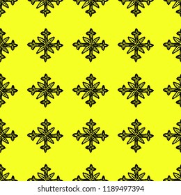 Snowflakes in ethnic style. Seamless pattern. For winter, New Year, Christmas projects. Abstract silhouette. Indian, Native American Aztec. Black elements, yellow background