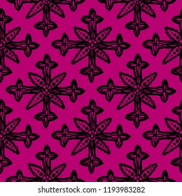 Snowflakes in ethnic style. Seamless pattern. For winter, New Year, Christmas projects. Abstract silhouette. Indian, Native American Aztec. Black elements, crimson background
