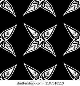 Snowflakes in ethnic style. Seamless pattern. For winter, New Year, Christmas projects. Abstract. Indian, Native American Aztec. White elements, black background