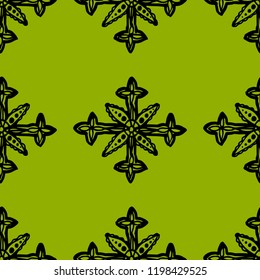 Snowflakes in ethnic style. Seamless pattern. For winter, New Year, Christmas projects. Abstract silhouette. Indian, Native American Aztec. Black elements, green background