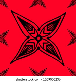 Snowflakes in ethnic style. Seamless pattern. For winter, New Year, Christmas projects. Abstract silhouette. Indian, Native American Aztec. Black elements, red background