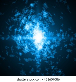 snowflakes explosion with light beam. big snow flakes. blue colored version.