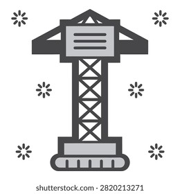 Snowflakes fall around a crane machine on an industrial construction site in winter
