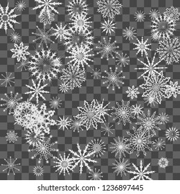 Snowflakes fall on the background. Winter vector background. The effect of decorating snowflakes. The winter vacation. Well suited for a Christmas card, banner or poster. EPS 10