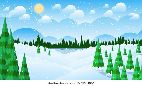 snowflakes fall on conifers growing on snowy hills against the background of the forest and the sky with the sun and clouds. winter landscape. author's drawing. vector image