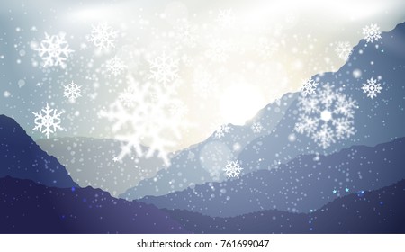 snowflakes fall from the sky in the background of a mountain landscape