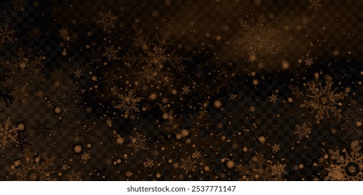 Snowflakes falling christmas decoration isolated background. White snow flying on transparent. Vector heavy snowfall, snowflakes in different shapes and forms.