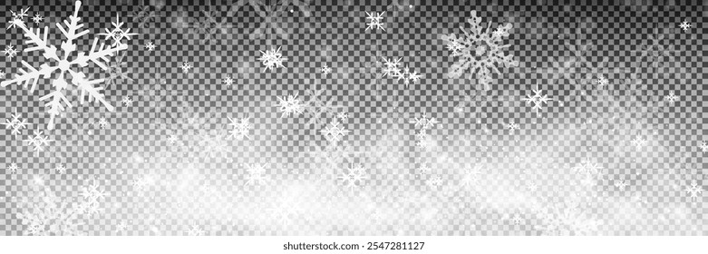 Snowflakes falling christmas decoration isolated background. White snow flying on transparent. Vector heavy snowfall, snowflakes in different shapes and forms.	