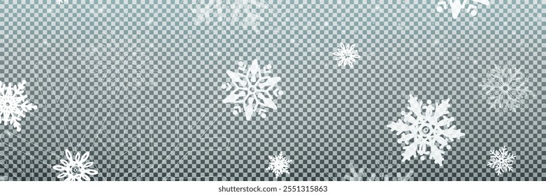 Snowflakes falling christmas decoration isolated background. White snow flying on transparent. Vector heavy snowfall, snowflakes in different shapes and forms.	