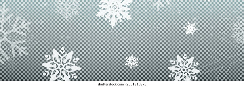 Snowflakes falling christmas decoration isolated background. White snow flying on transparent. Vector heavy snowfall, snowflakes in different shapes and forms.	