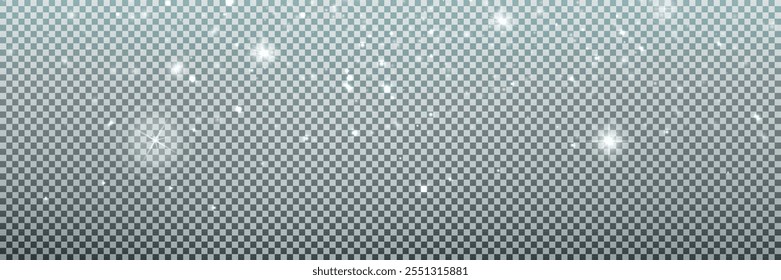 Snowflakes falling christmas decoration isolated background. White snow flying on transparent. Vector heavy snowfall, snowflakes in different shapes and forms.	