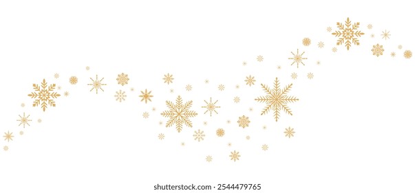 Snowflakes falling in doodle style, vector illustration. Wave of cold winter air in windy weather. Snowflakes outline for print and design. Isolated golden element on white background. Winter symbol