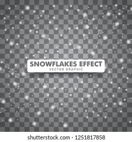 Snowflakes falling down background. Christmas snow background isolated on transparent background. Overlays effect vector.