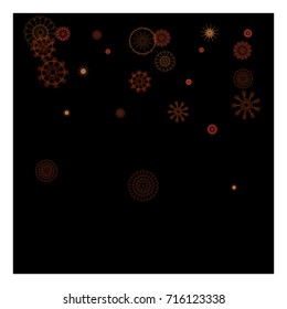 Snowflakes Falling Down Confetti. Celebration Background. Red Glitter, New Year, Christmas Festive Border. Abstract Party Night Poster Texture Isolated on Black. Light, Shimmer, Gold Glitter Snowflake