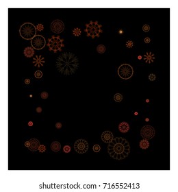 Snowflakes Falling Down Confetti. Celebration Background. Red Glitter, New Year, Christmas Festive Border. Abstract Party Night Poster Texture Isolated on Black. Light, Shimmer, Gold Glitter Snowflake