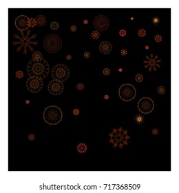Snowflakes Falling Down Confetti. Celebration Background. Red Glitter, New Year, Christmas Festive Border. Abstract Party Night Poster Texture Isolated on Black. Light, Shimmer, Gold Glitter Snowflake