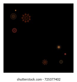 Snowflakes Falling Down Confetti. Celebration Background. Red Glitter, New Year, Christmas Festive Border. Abstract Party Night Poster Texture Isolated on Black. Light, Shimmer, Gold Glitter Snowflake