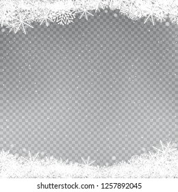 Snowflakes falling frame template. Christmas snow on gray background. Snowfalls winter sky clouds. Frosty close-up wintry snowflake. Ice shape pattern. Hliday decoration backdrop