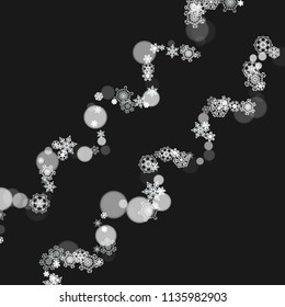 Snowflakes falling on black background. Merry Christmas and Happy New Year theme. Frosty falling snowflakes for banners, gift cards, party invitations, partner compliments and special business offers.