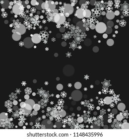 Snowflakes falling on black background. Merry Christmas and Happy New Year theme. Frosty falling snowflakes for banners, gift cards, party invitations, partner compliments and special business offers.