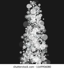 Snowflakes falling on black background. Merry Christmas and Happy New Year theme. Frosty falling snowflakes for banners, gift cards, party invitations, partner compliments and special business offers.