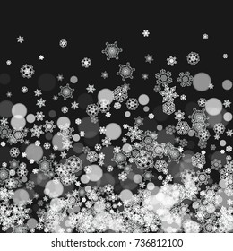 Snowflakes falling on black background. Merry Christmas and Happy New Year theme. Frosty falling snowflakes for banners, gift cards, party invitations, partner compliments and special business offers.