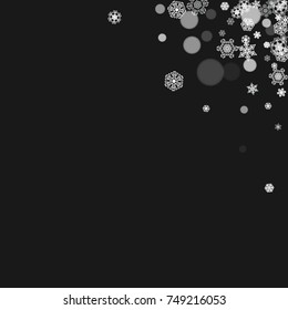 Snowflakes falling on black background. Merry Christmas and Happy New Year theme. Frosty falling snowflakes for banners, gift cards, party invitations, partner compliments and special business offers.