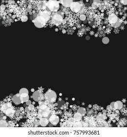Snowflakes falling on black background. Merry Christmas and Happy New Year theme. Frosty falling snowflakes for banners, gift cards, party invitations, partner compliments and special business offers.