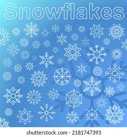 Copos de nieve cayendo sobre fondo azul. Iconos de contorno del vector. Elementos decorativos de invierno.