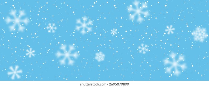 Copos De Nieve Que Caen Sobre Fondo Azul Con Suave Desenfoque Y Efecto Bokeh. Perfecto Para Proyectos De Diseño De Invierno, Navidades Y Festiva. Ilustración vectorial.