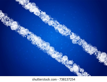 Snowflakes falling on blue background with sparkles. Christmas and New Year horizontal theme. Frosty falling snowflakes for banners, gift card, party invitation, compliments and special business offer
