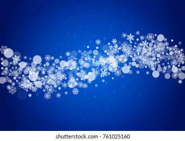 Snowflakes falling on blue background with sparkles. Christmas and New Year horizontal theme. Frosty falling snowflakes for banners, gift card, party invitation, compliments and special business offer